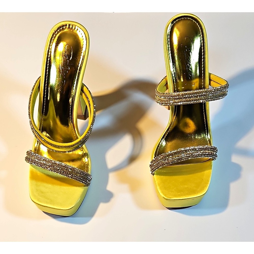 Cathy Din Yellow Satin Platform Strappy Open Toe Rhinestone Heel Slip On 6.5